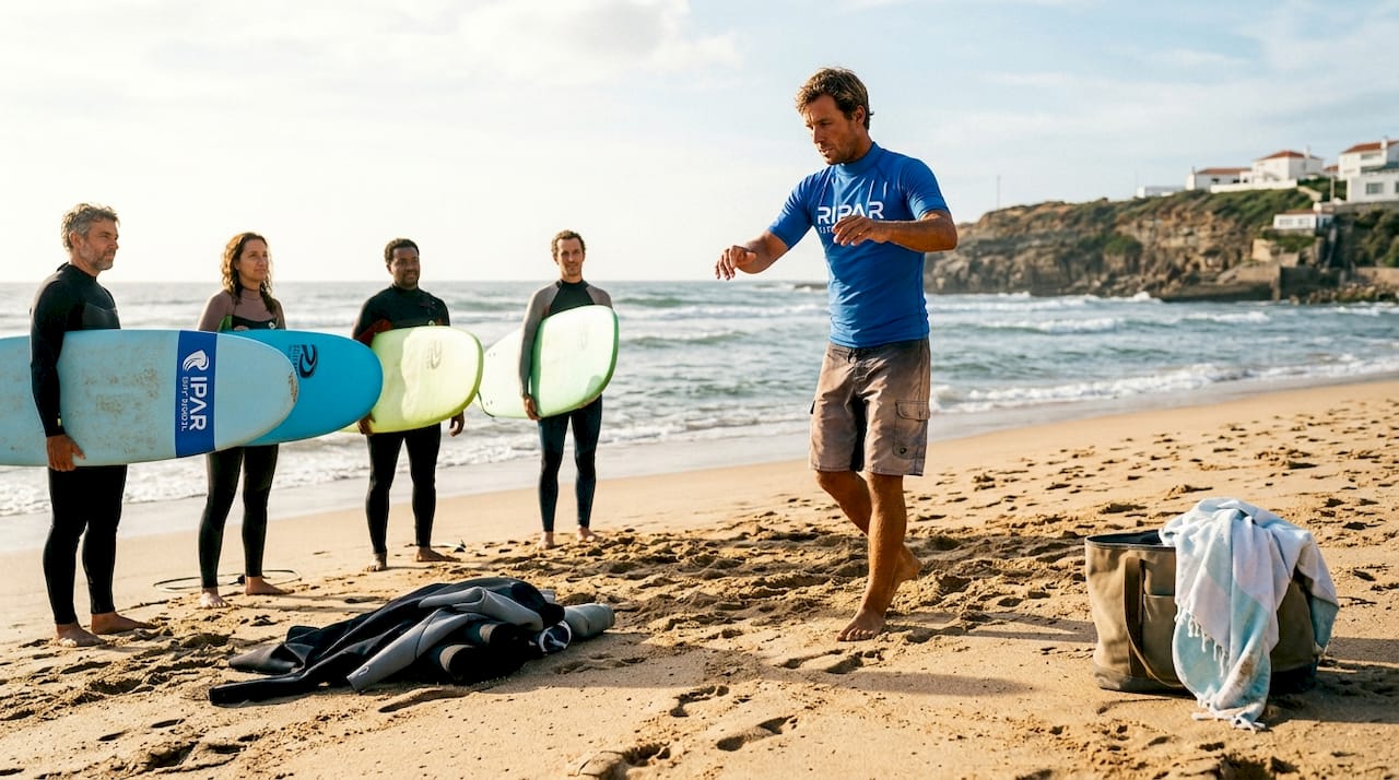 Surf instructor teaching beginners on Portuguese beach