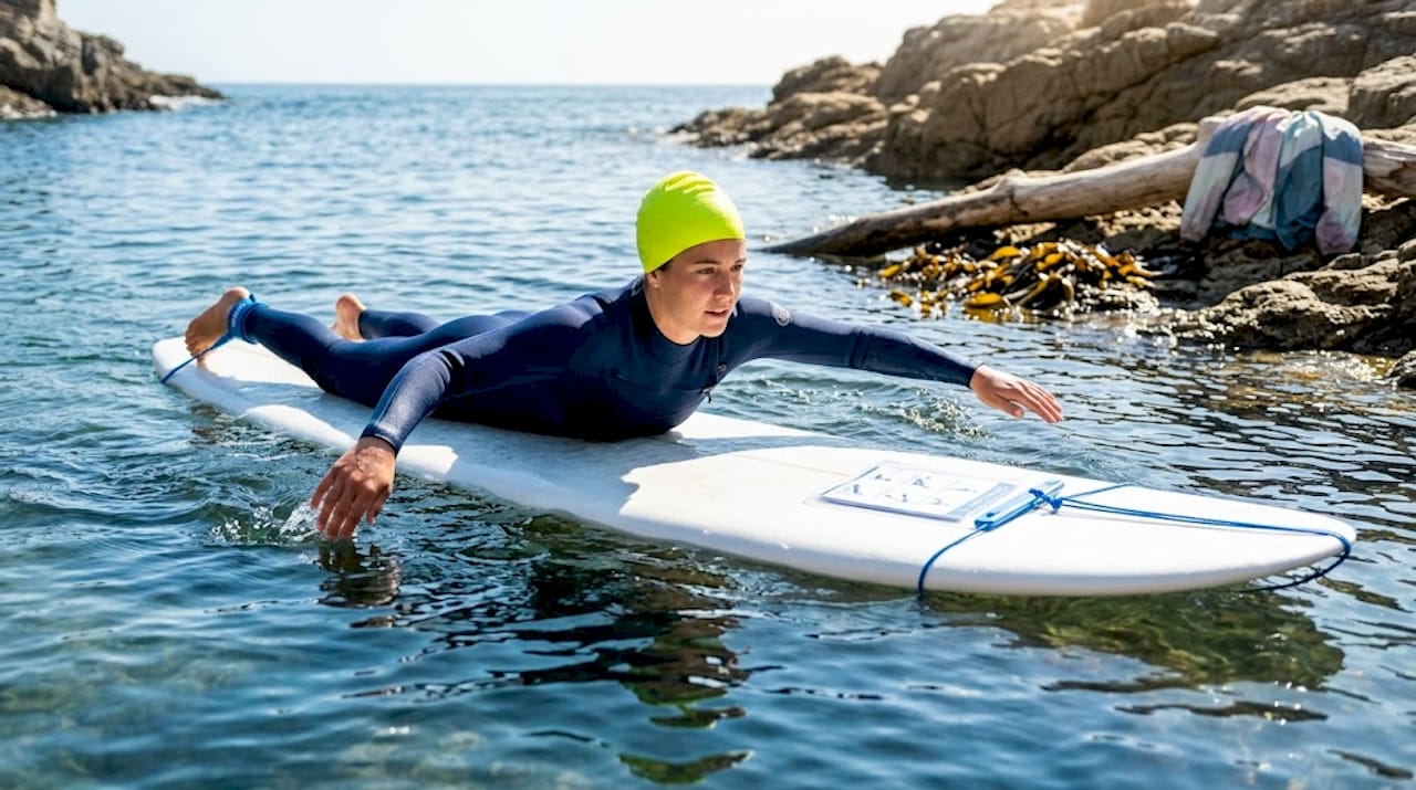Surfer practicing paddling in shallow cove