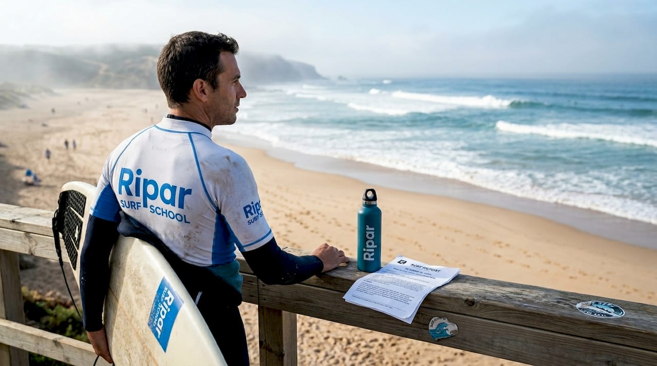 Surfer overlooks beach, checking morning conditions