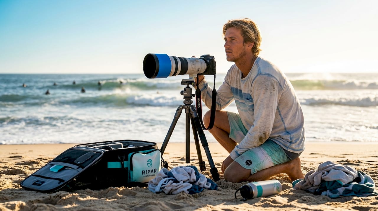 Surf photographer with telephoto lens on beach