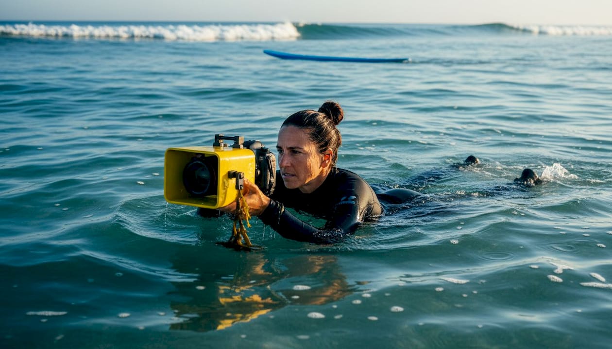 Surf photographer floating in ocean taking photos