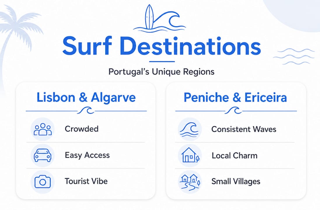 Infographic comparing Portugal surf regions key attributes