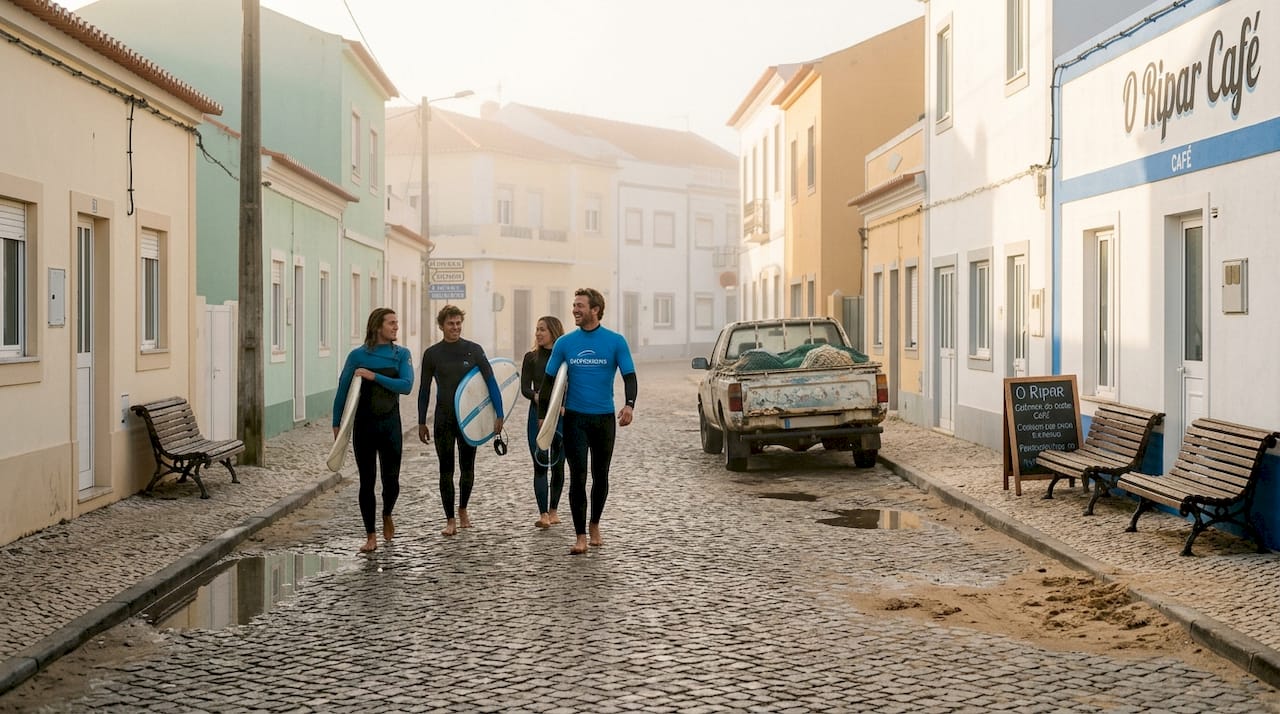 Surfers walk through Portugal village morning