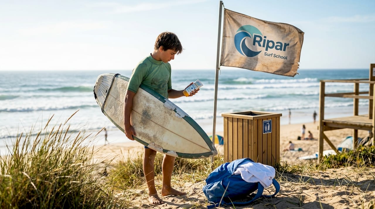 Surfer preparing eco-friendly sunscreen Portugal