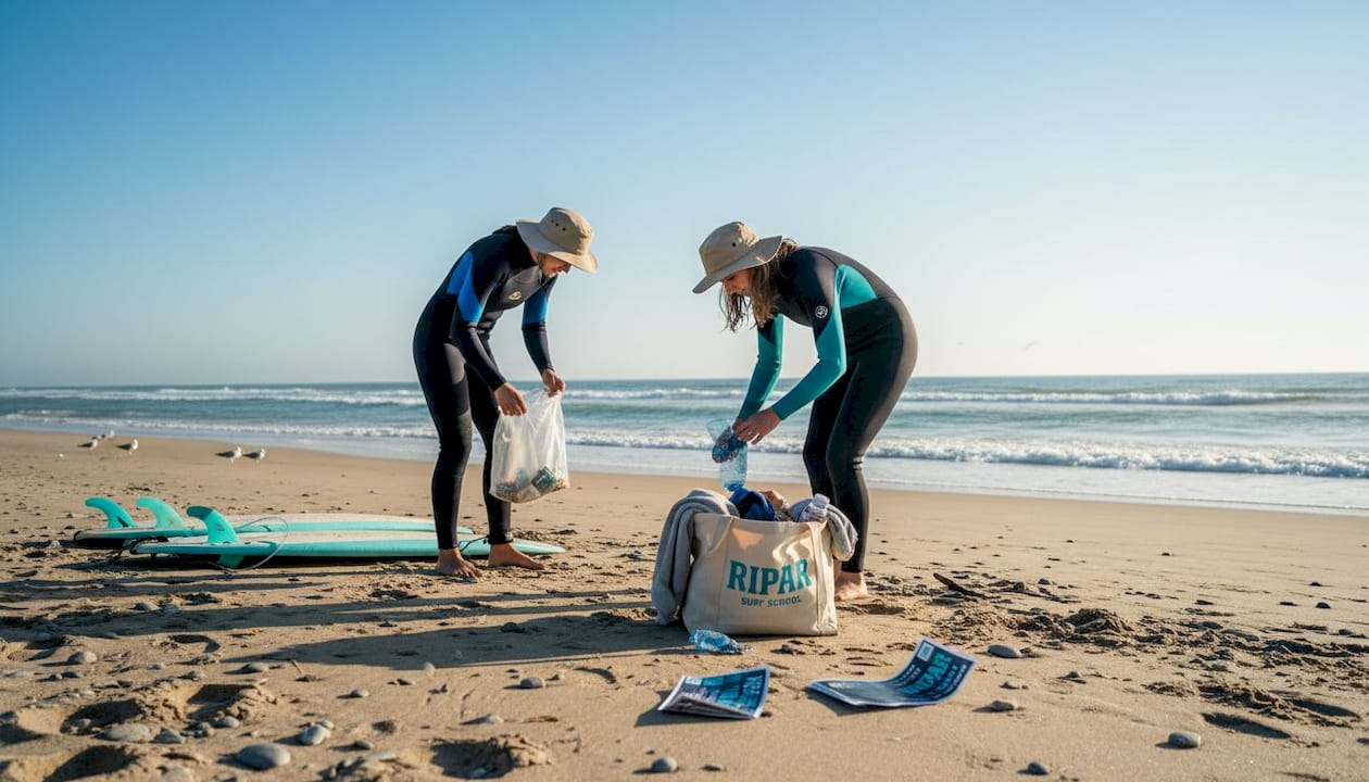 Surfers collecting litter before session Portugal