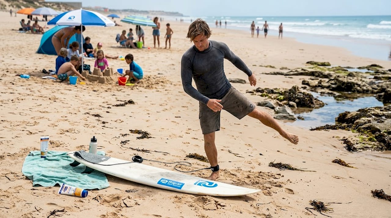 Surfer stretching at crowded public beach