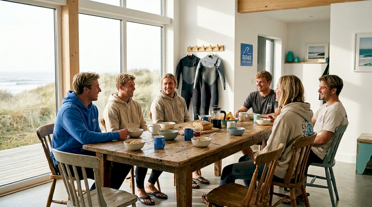 Surfers enjoying breakfast at coastal lodge