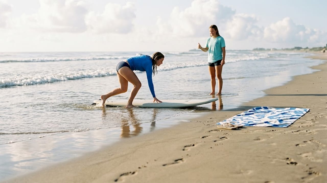 Surfer practicing board positioning in shallow water