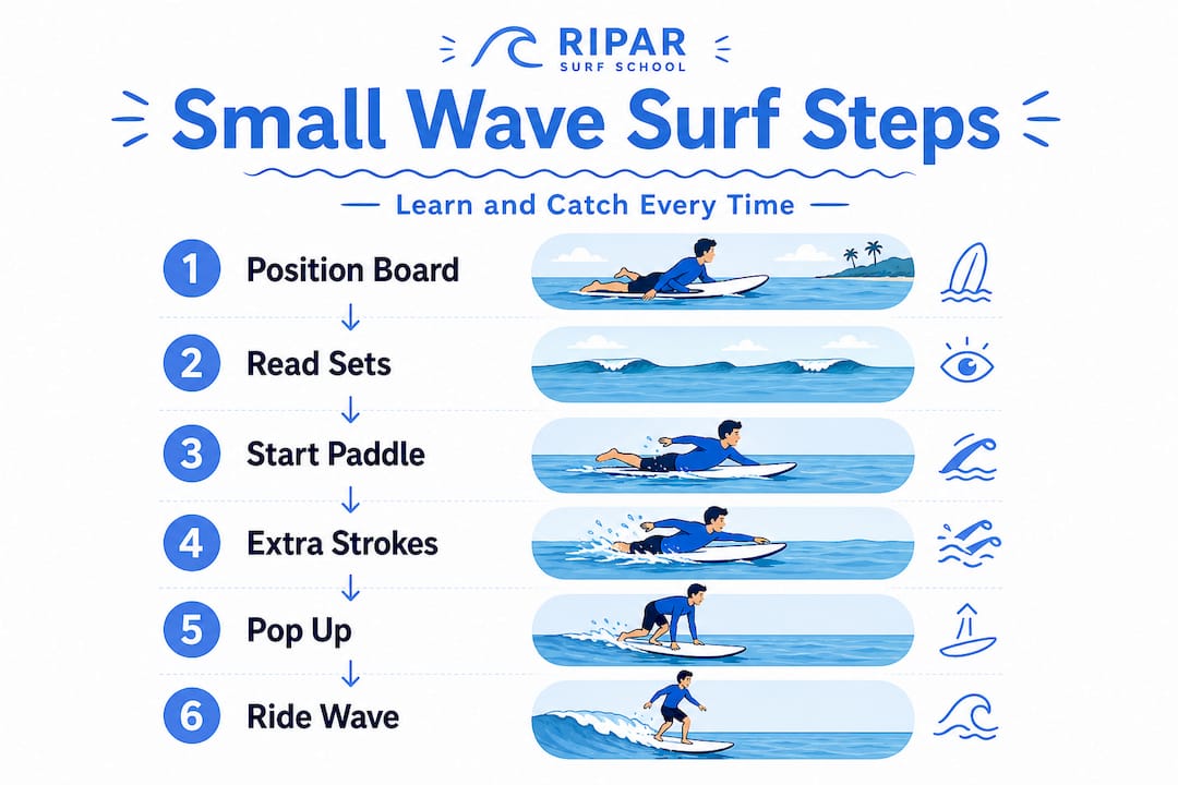 Infographic with surfing small wave steps