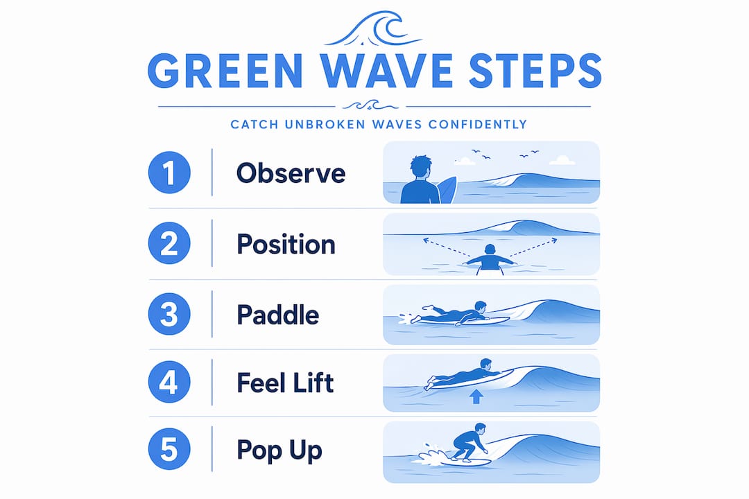 Infographic showing steps to surf green waves