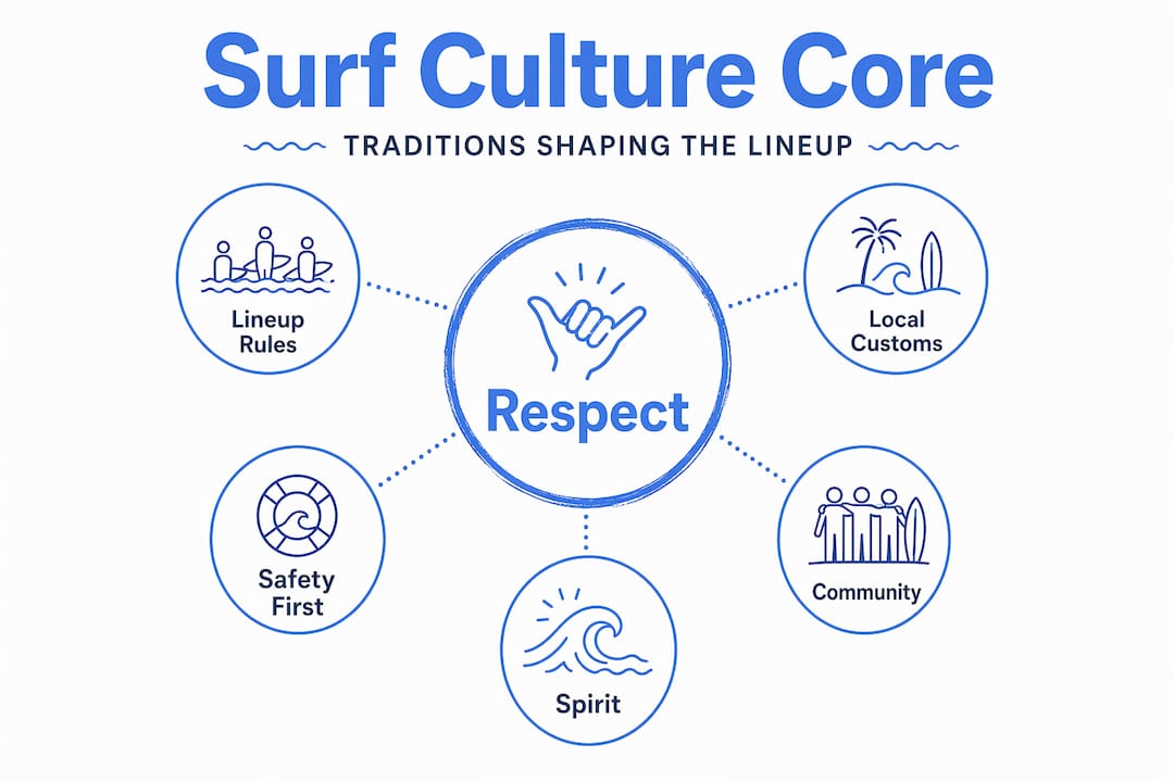Hierarchy infographic with core surf values and traditions
