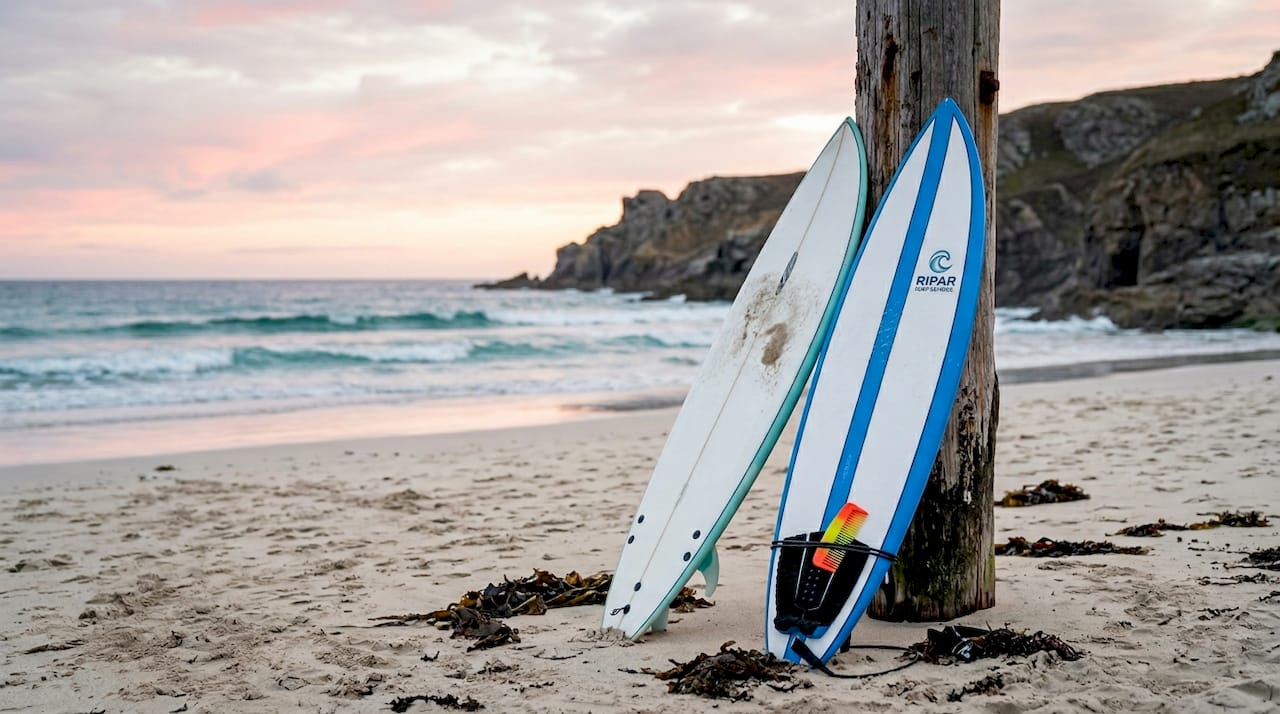 Surfboards upright in sand at sunrise beach