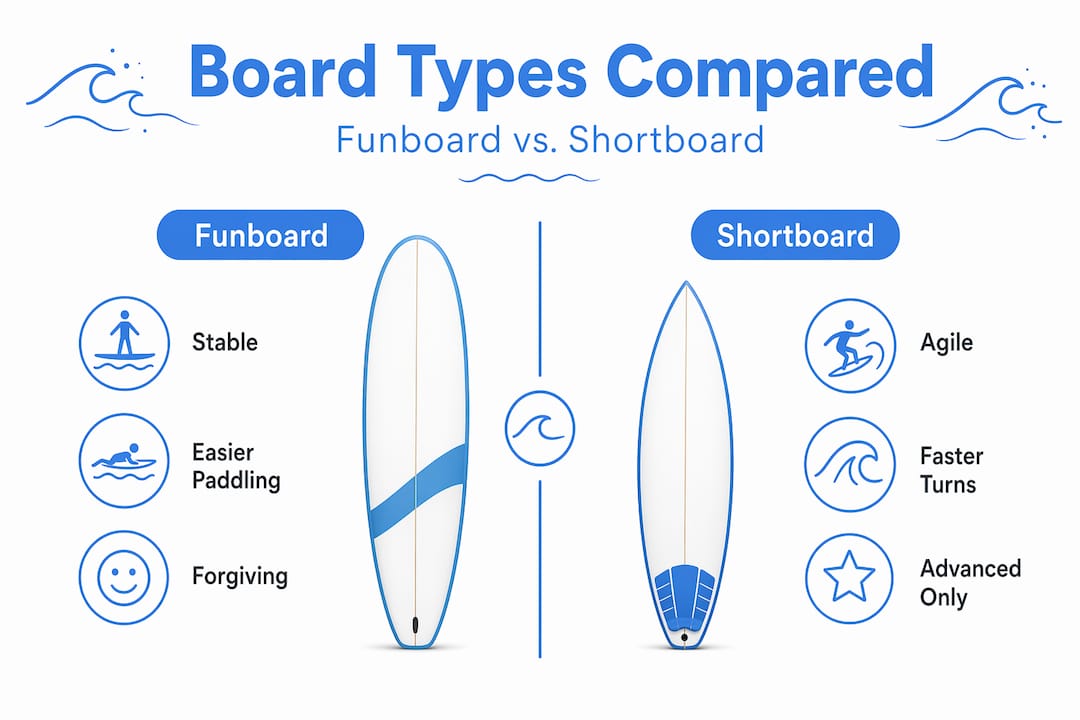 Infographic comparing funboard and shortboard features