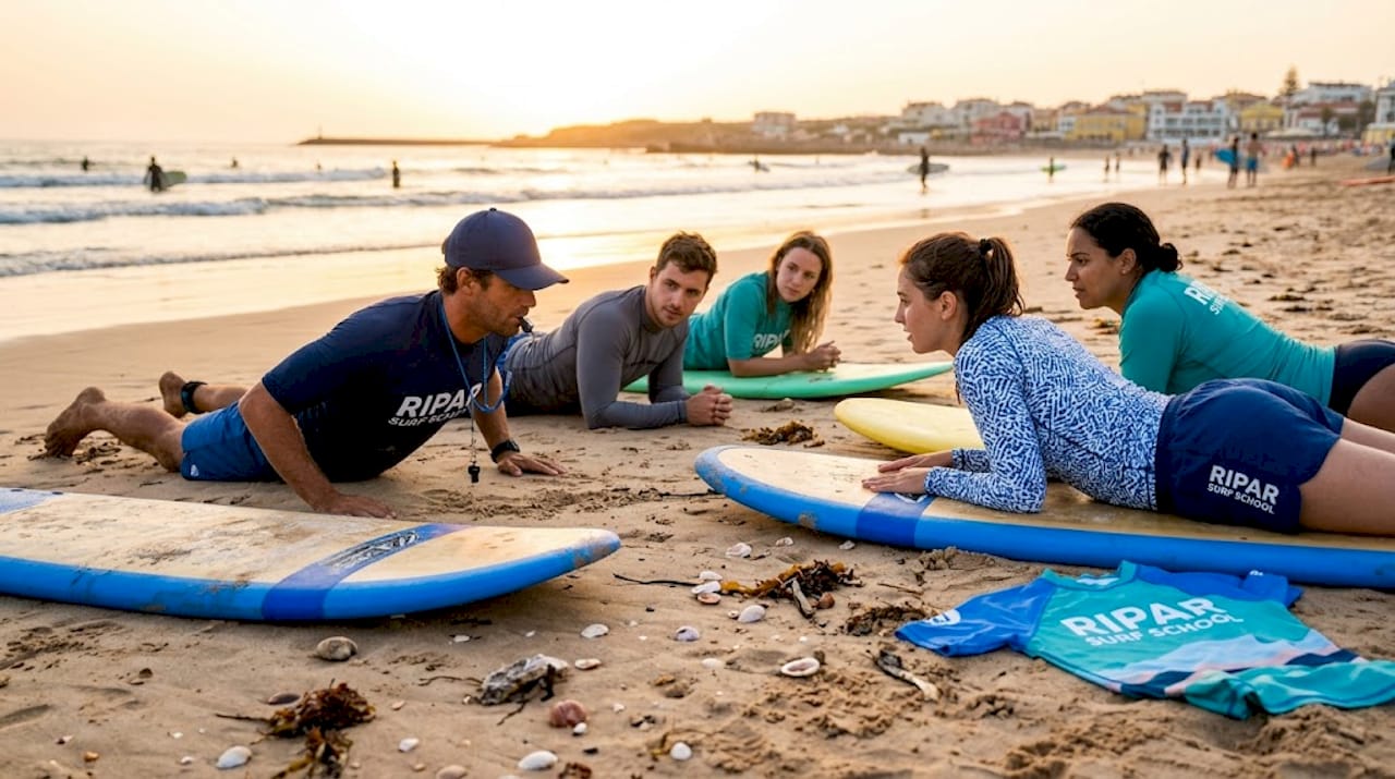 Instructor teaching pop-up to beginner surfers