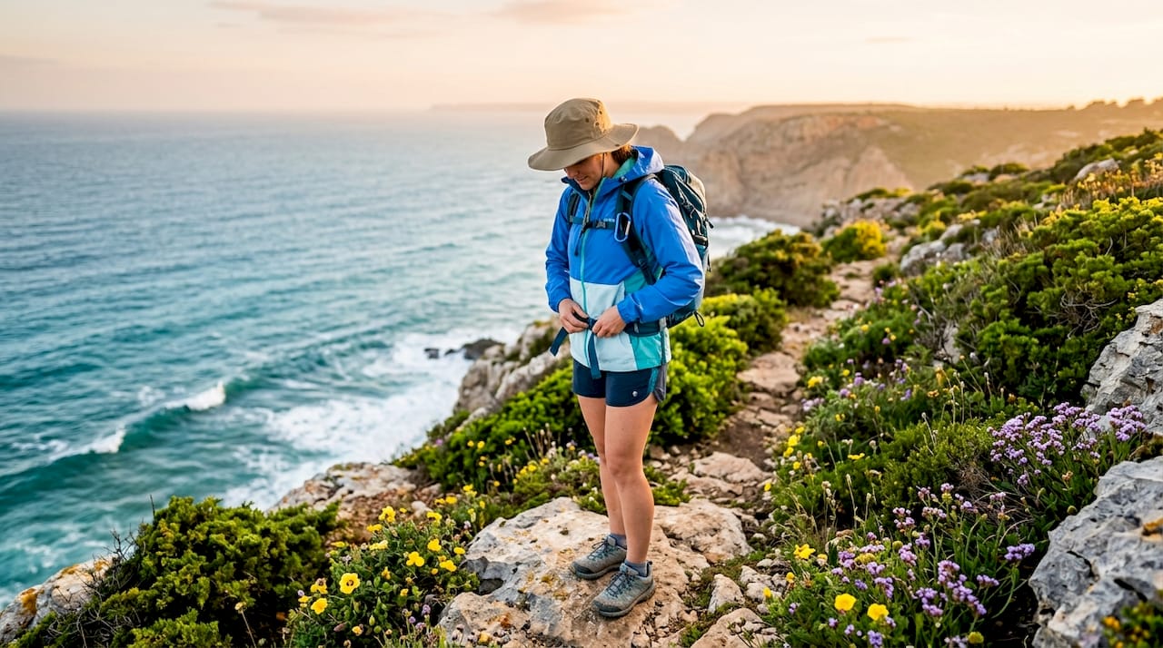 Hiker adjusts backpack on Algarve cliff trail