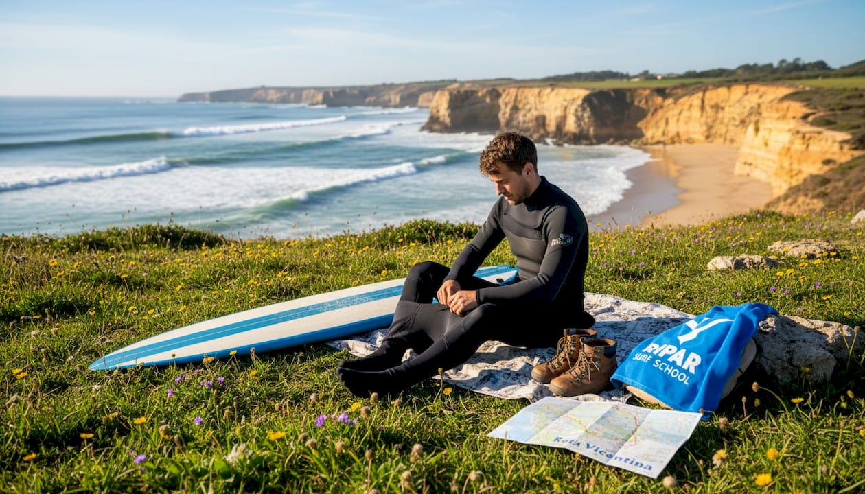Surfer transitions to hiking on Portugal coast