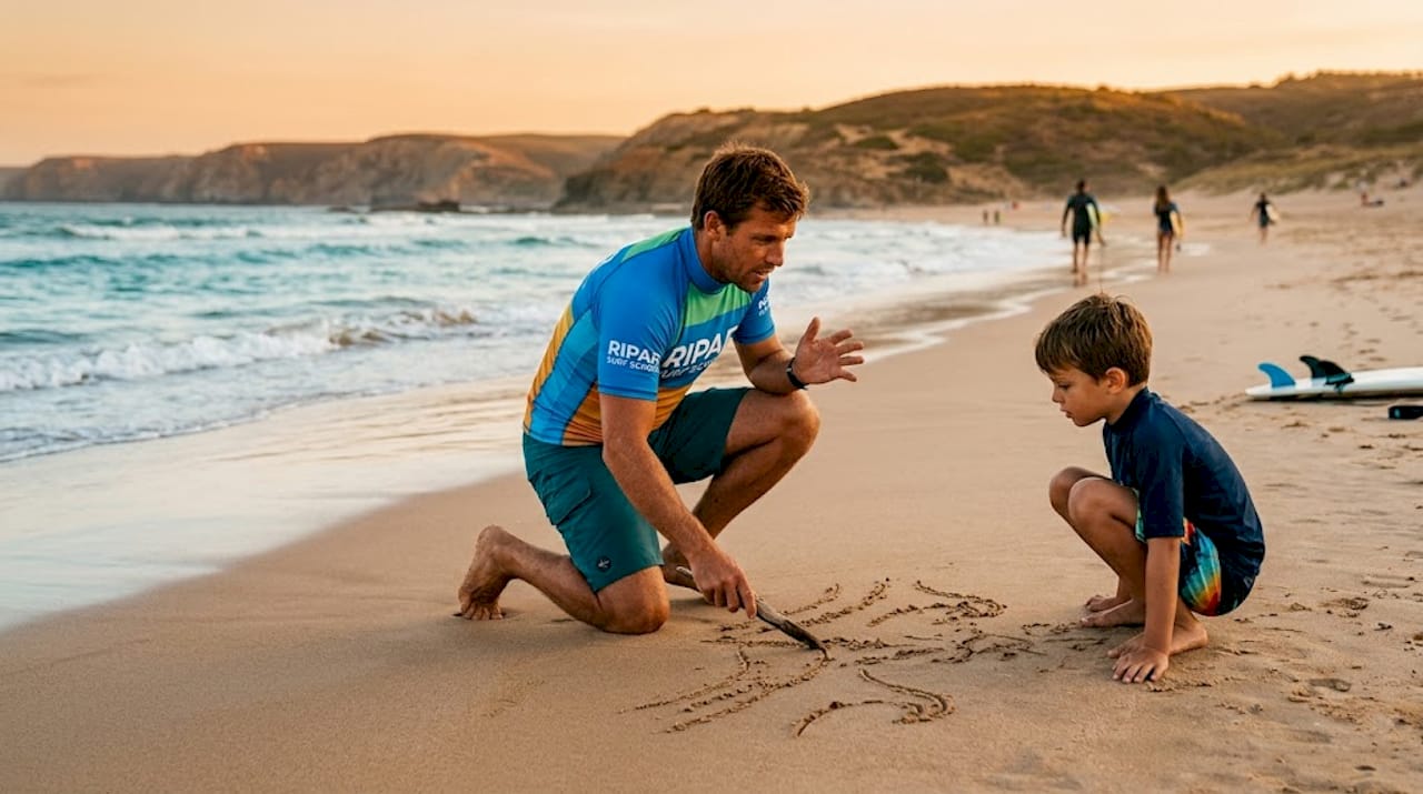 Surf instructor explaining waves on beach sand