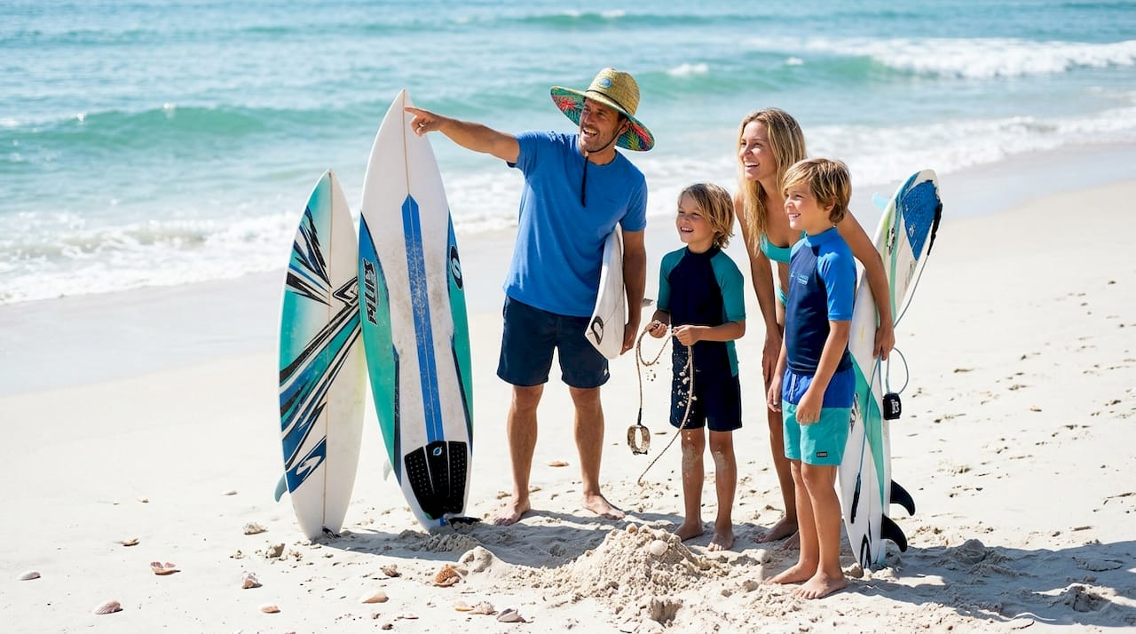 Family discussing surfing terms together at beach