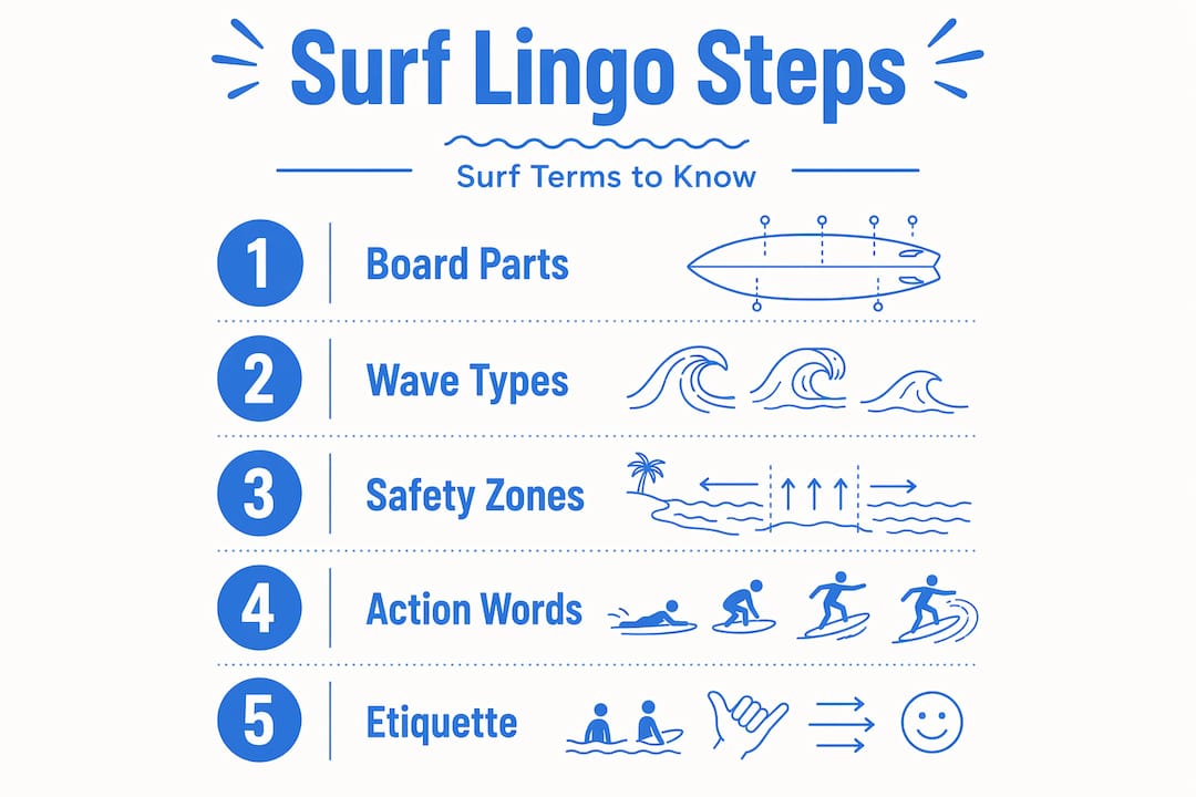 Infographic listing five key surf lingo steps