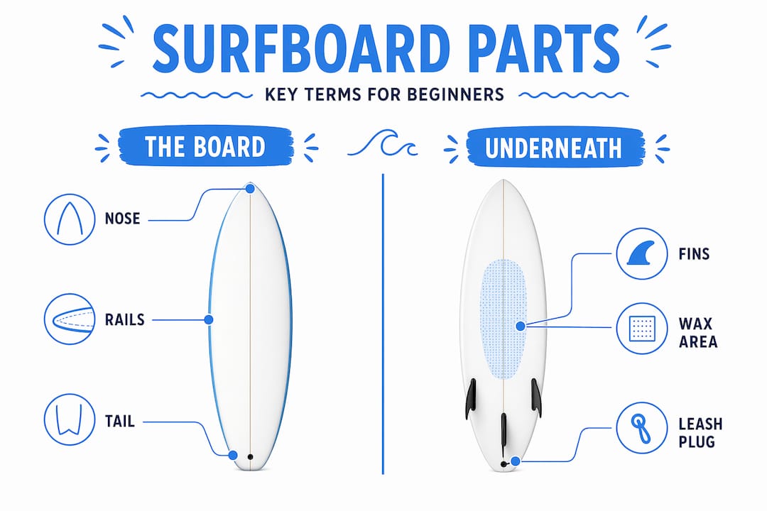 Surfboard parts labeled in two groups infographic
