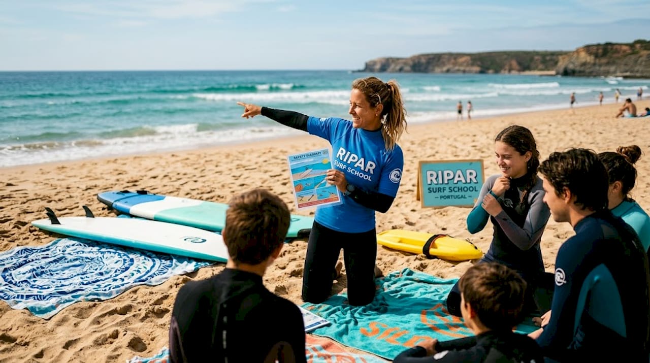 Surf instructor teaching group safety basics