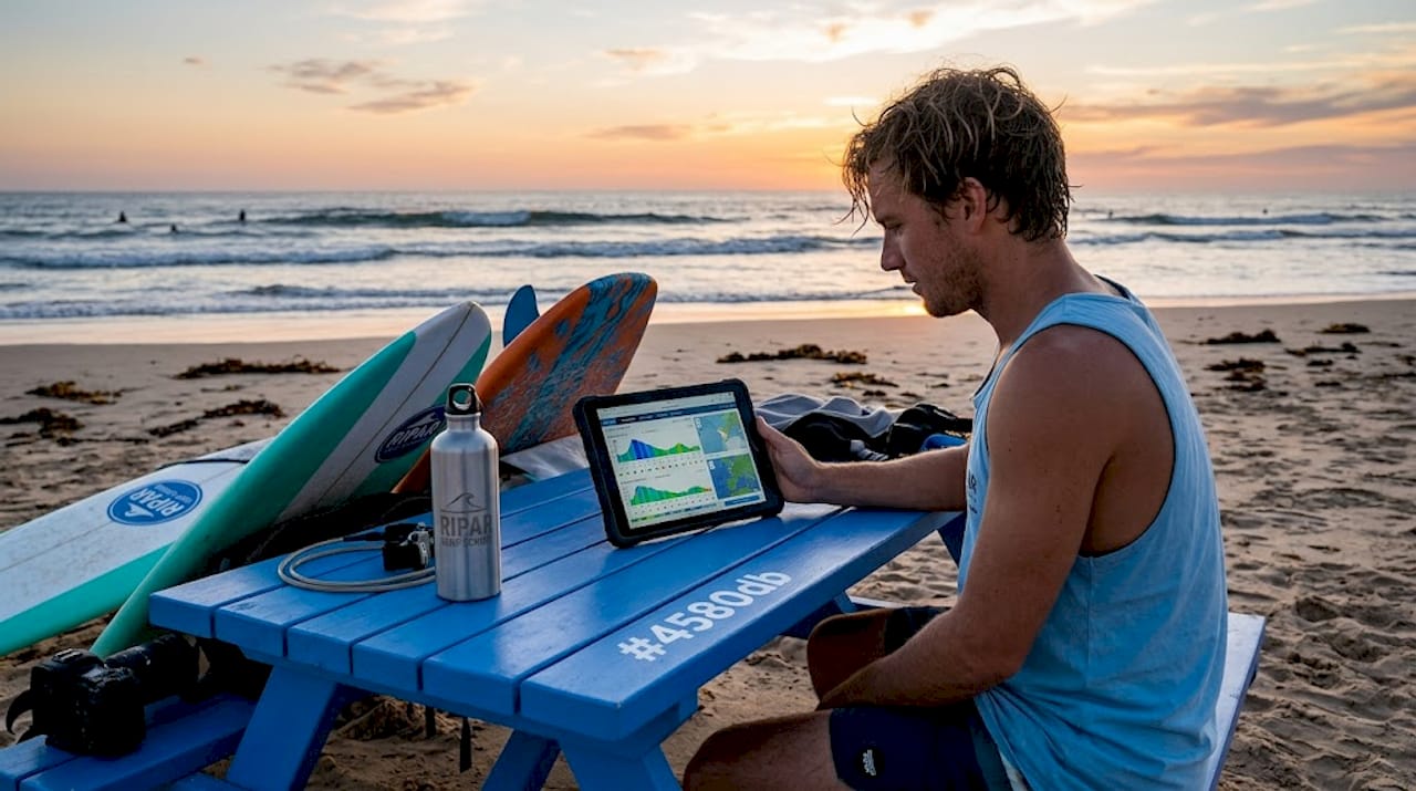 Surfer checking forecast on tablet at beach
