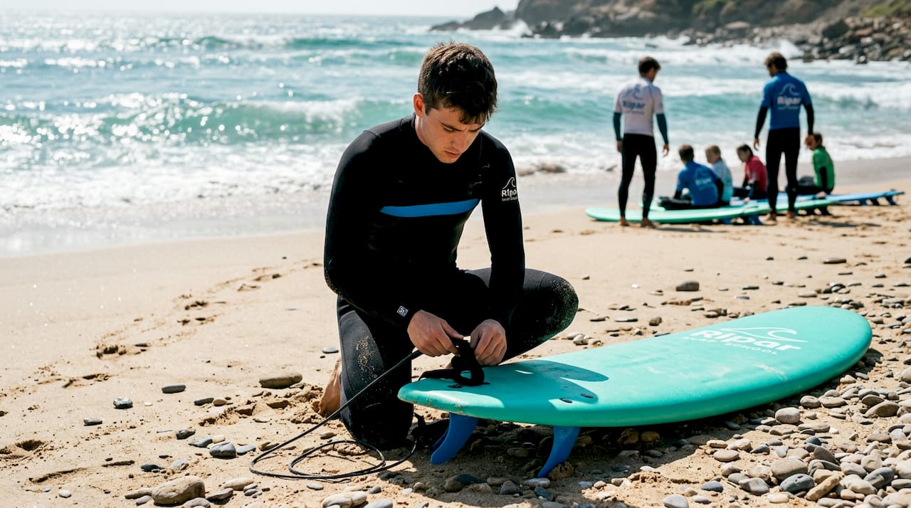Beginner setting up a soft-top surfboard on beach