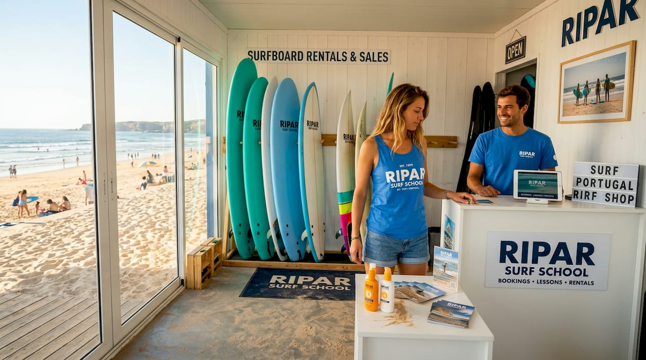Surfboard rental shop with customer choosing board