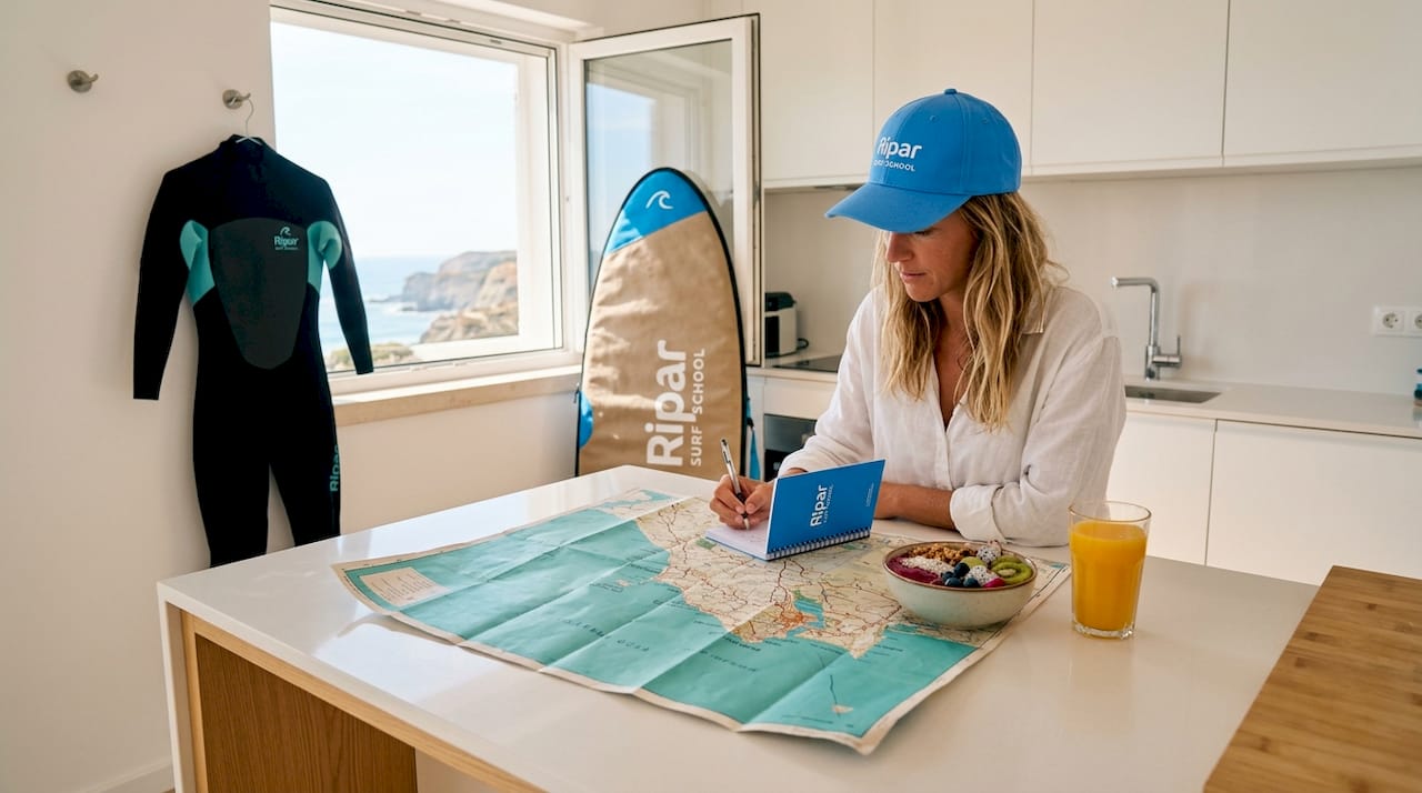 Surf traveler planning route at beach rental