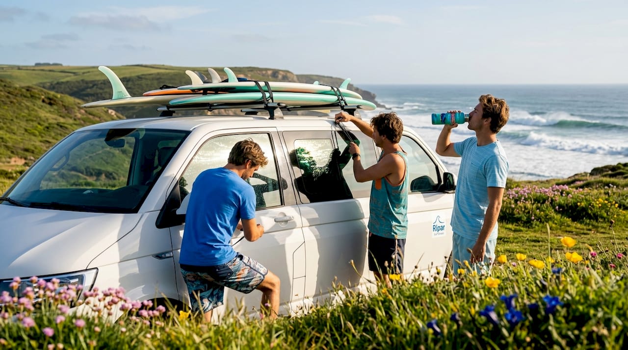 Friends loading surfboards onto van near beach