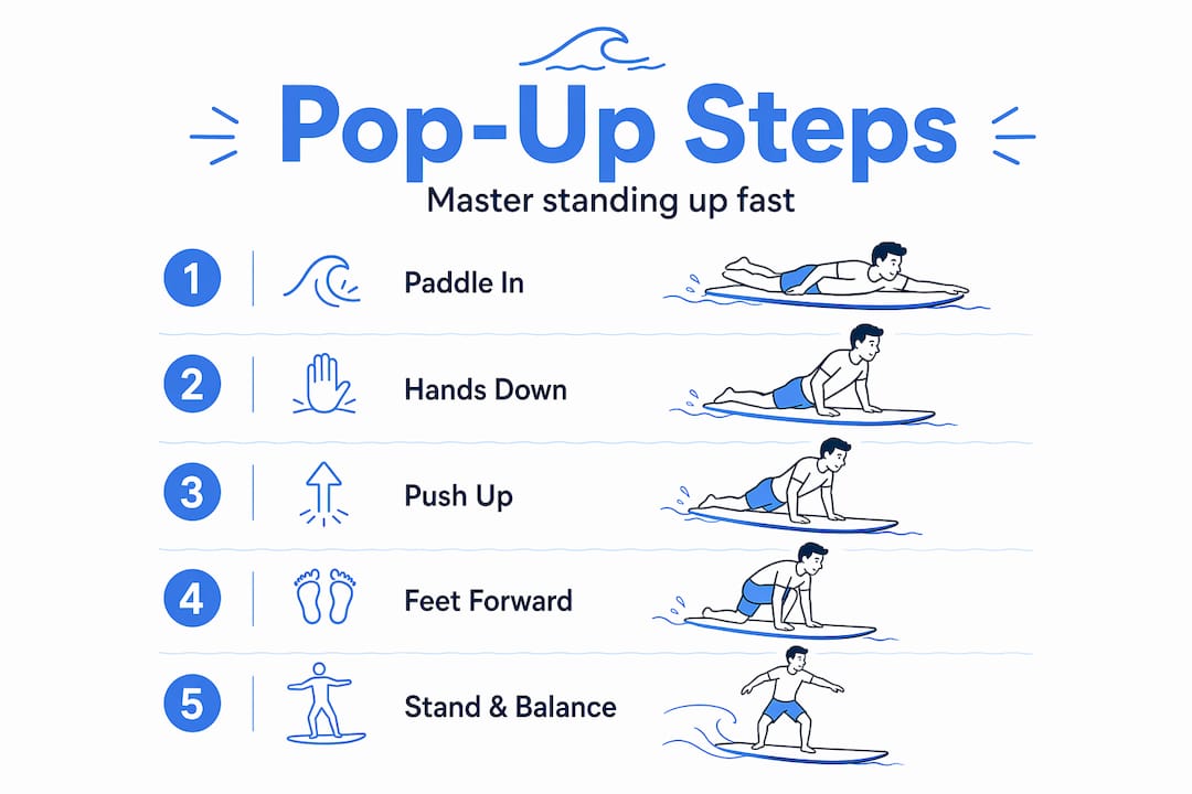 Infographic showing five pop-up steps for surfing
