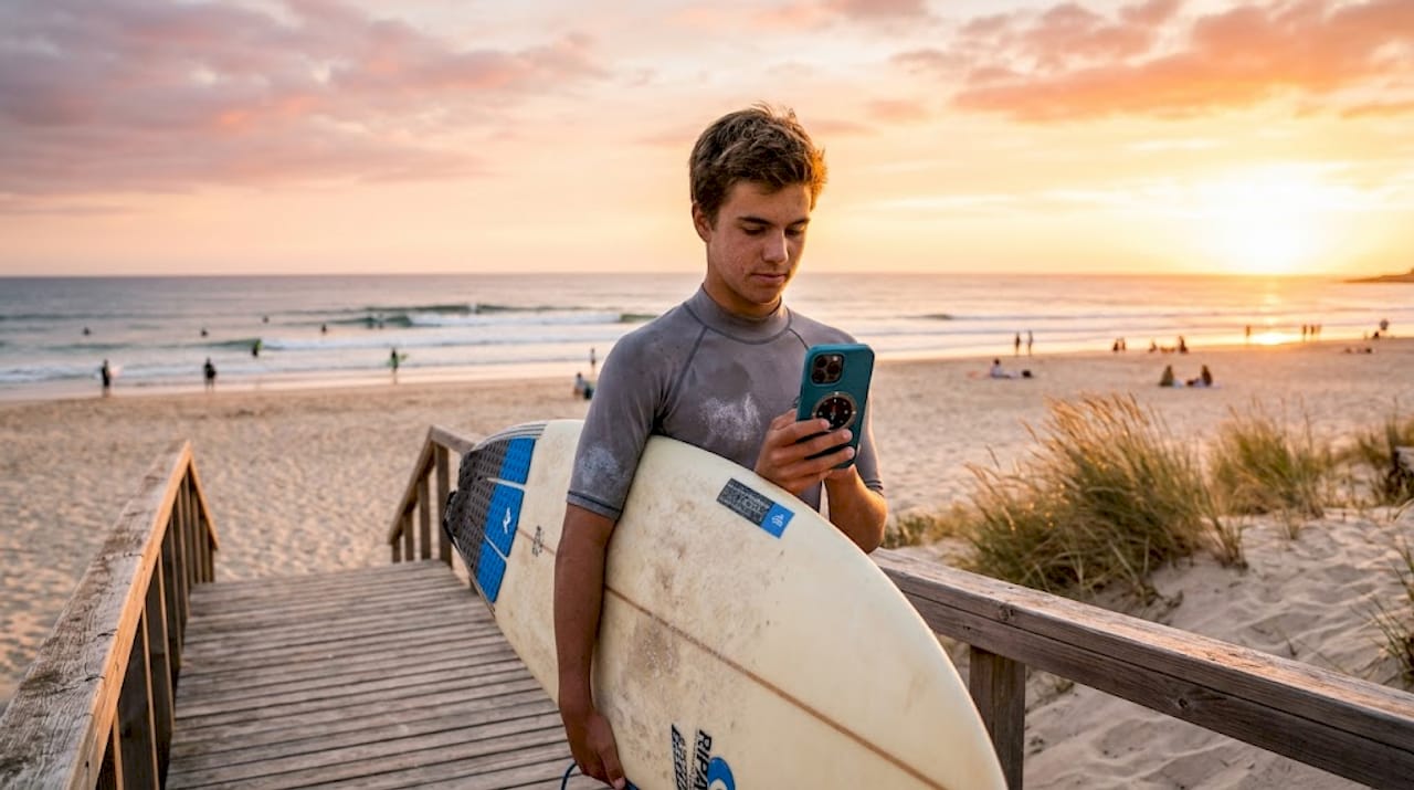 Surfer checking compass overlooking Atlantic beach