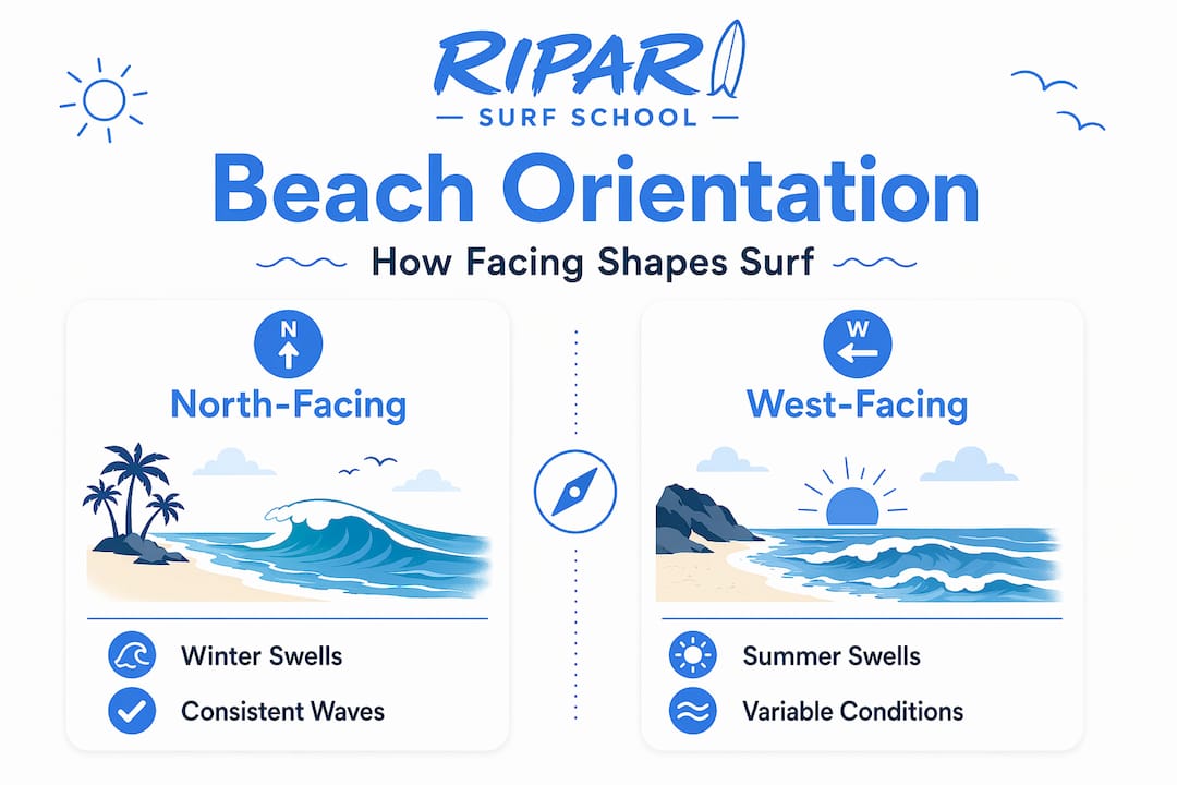 Infographic comparing north and west-facing beaches