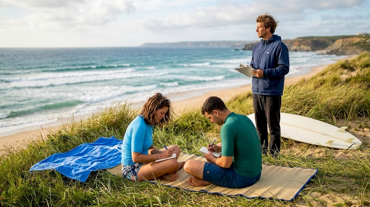 Surf students journaling on sandy beach