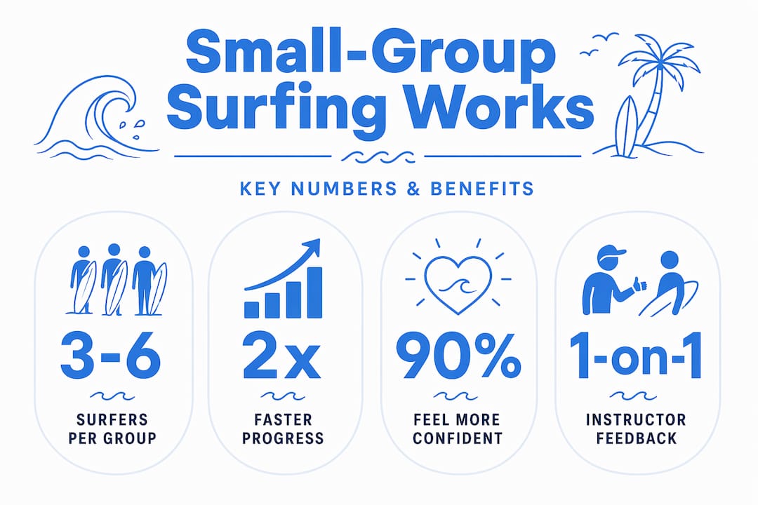 Infographic showing small-group surfing benefits and stats
