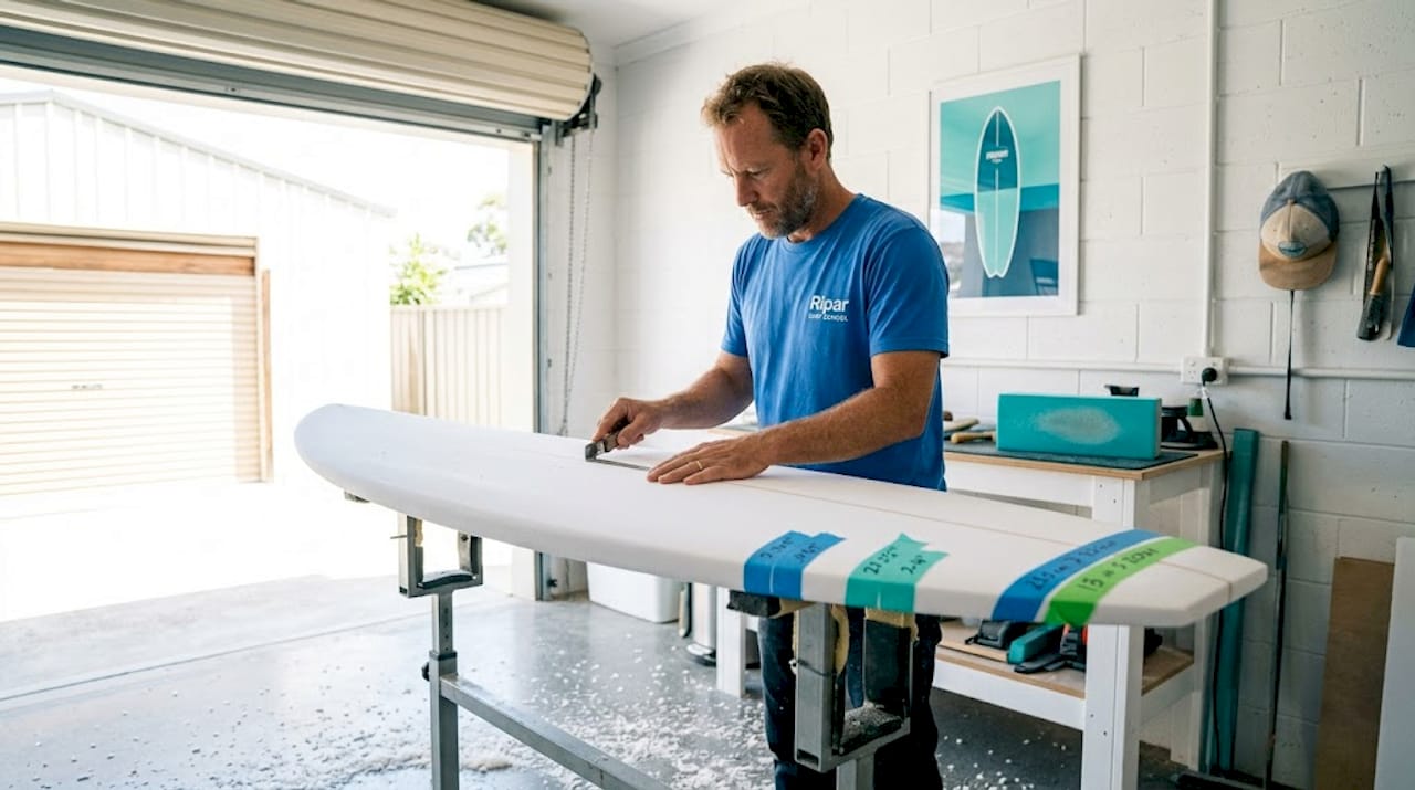 Surfboard shaper checking rocker curve