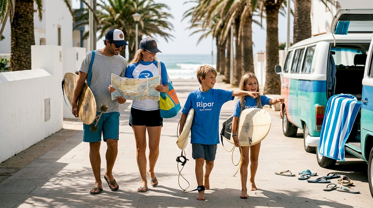 Family arriving at surf beach with boards