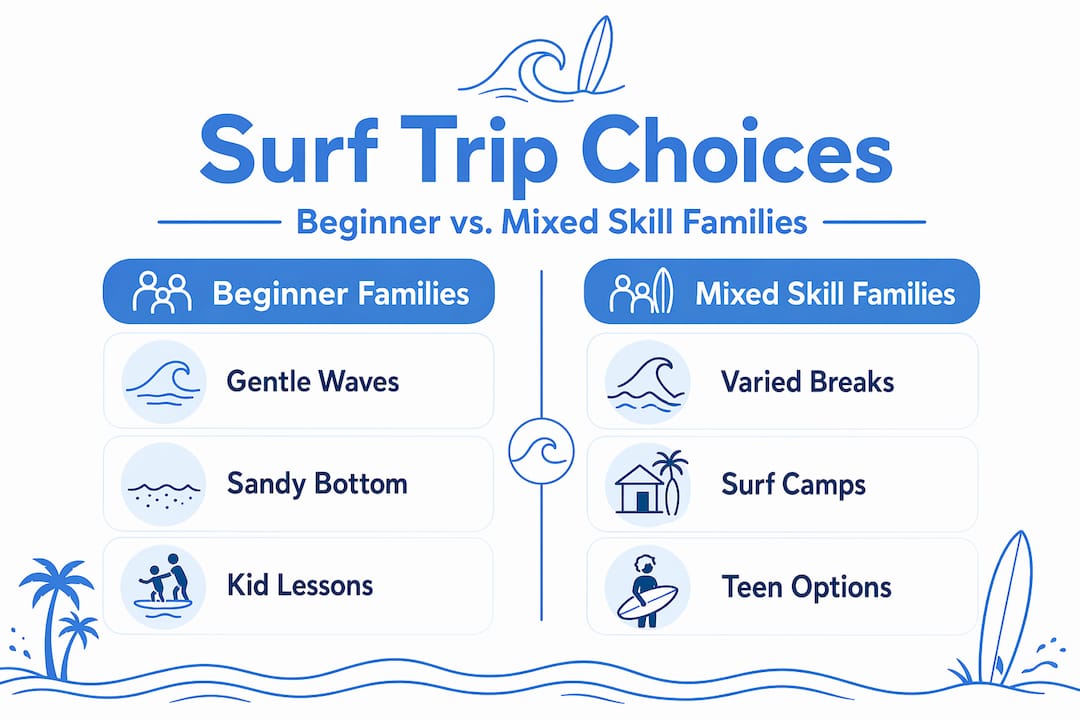 Infographic comparing surf trip options for families
