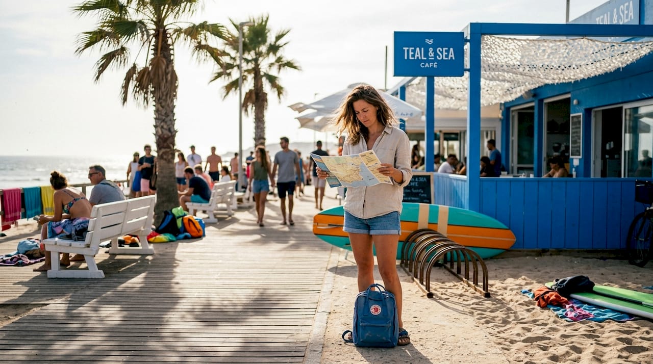 Traveler checking map on busy surf town street