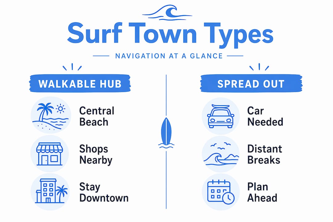 Infographic comparing walkable hub and spread-out surf town navigation
