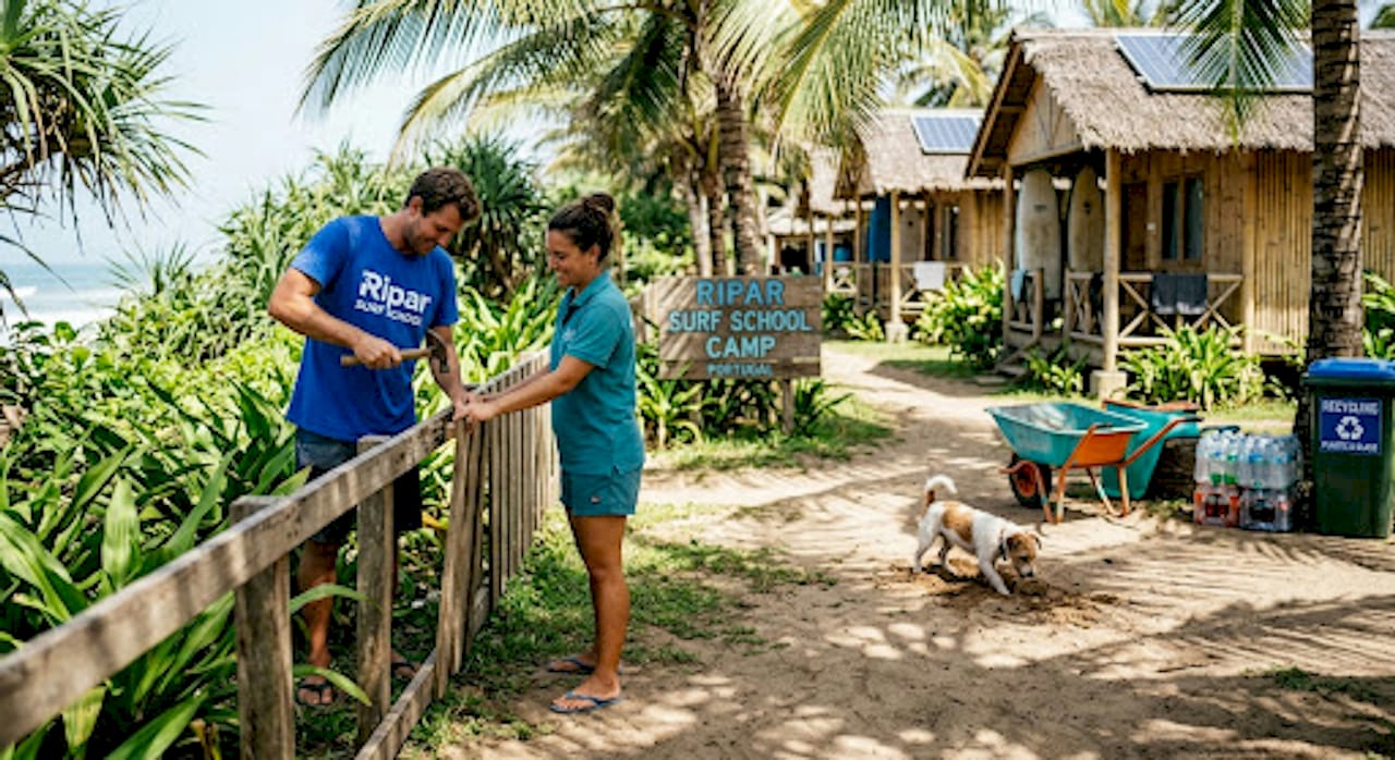 Local staff maintaining eco surf camp grounds