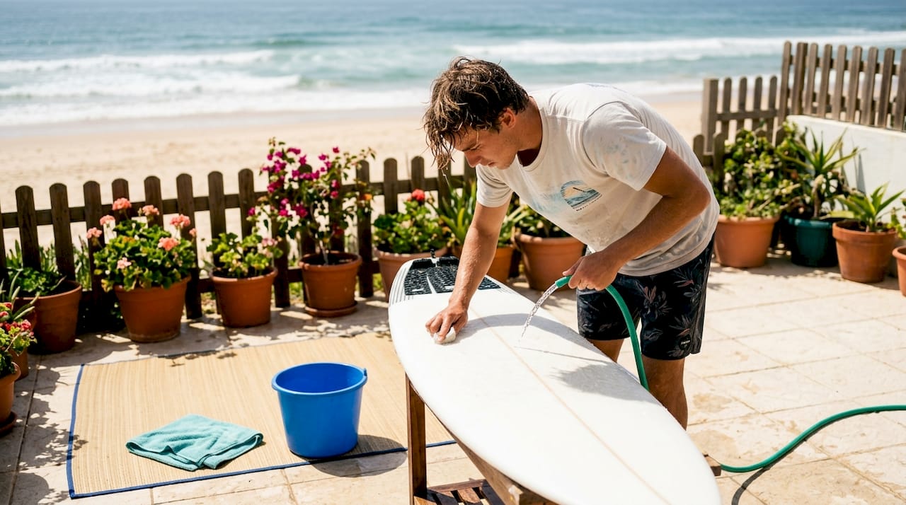 Person rinsing surfboard with hose outdoors