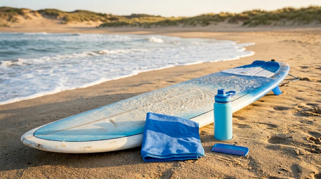 Surfboard with care tools on sandy beach