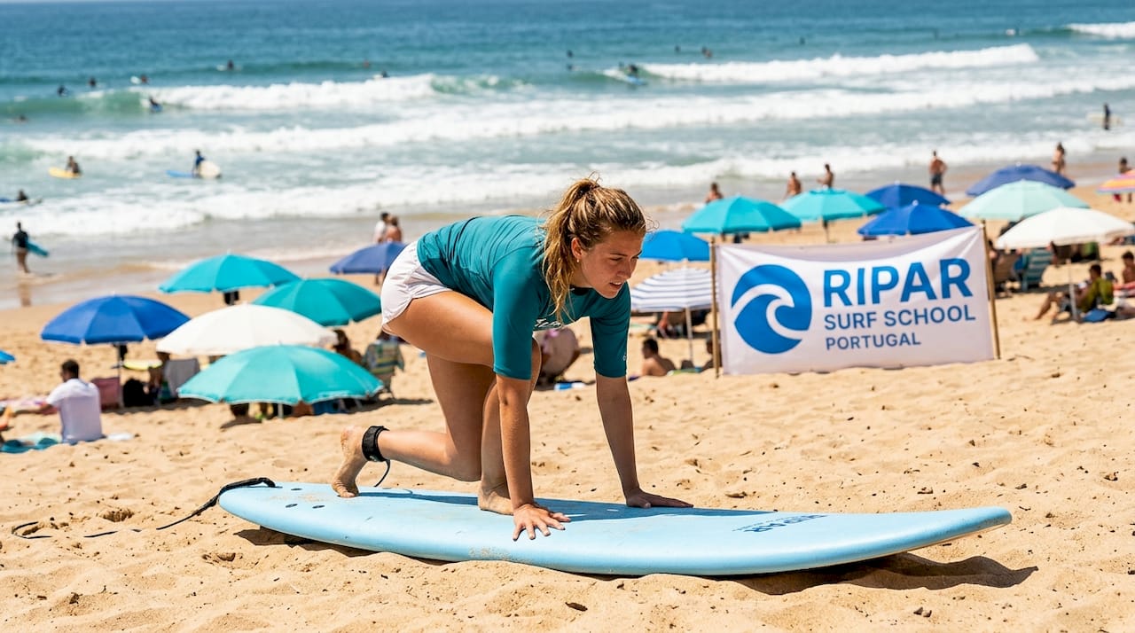 Surfer practicing pop-up on beach shore