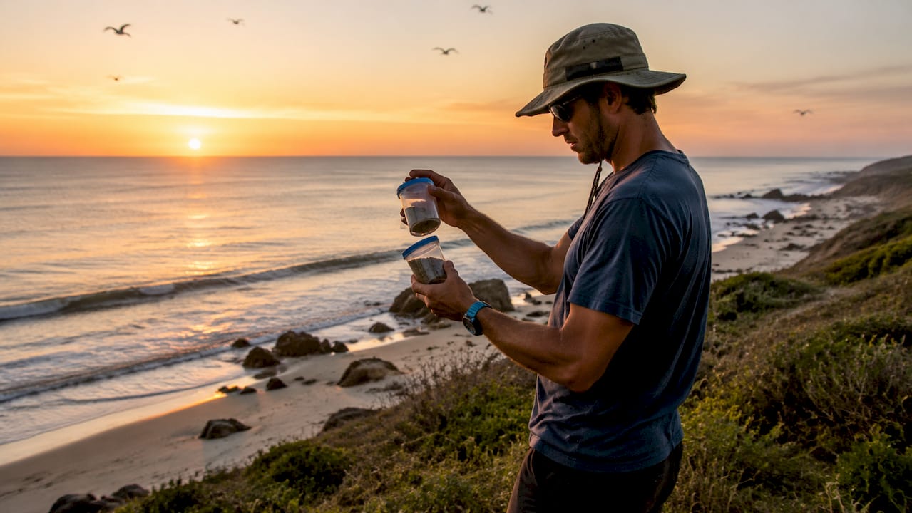 Coastal scientist inspecting sediment samples outdoors