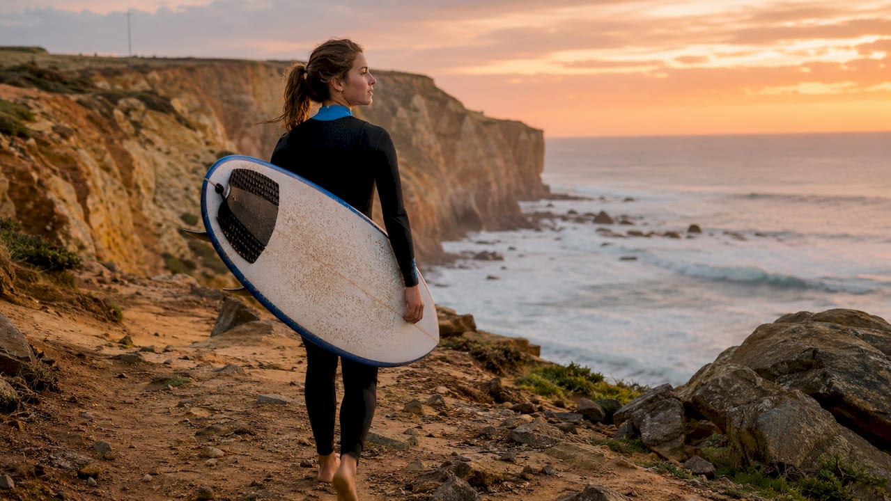 Surfer walking on eroded coastal beach at dawn