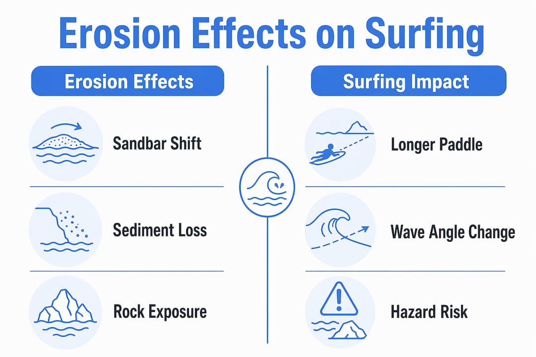 Infographic comparing coastal erosion effects and surfing impacts