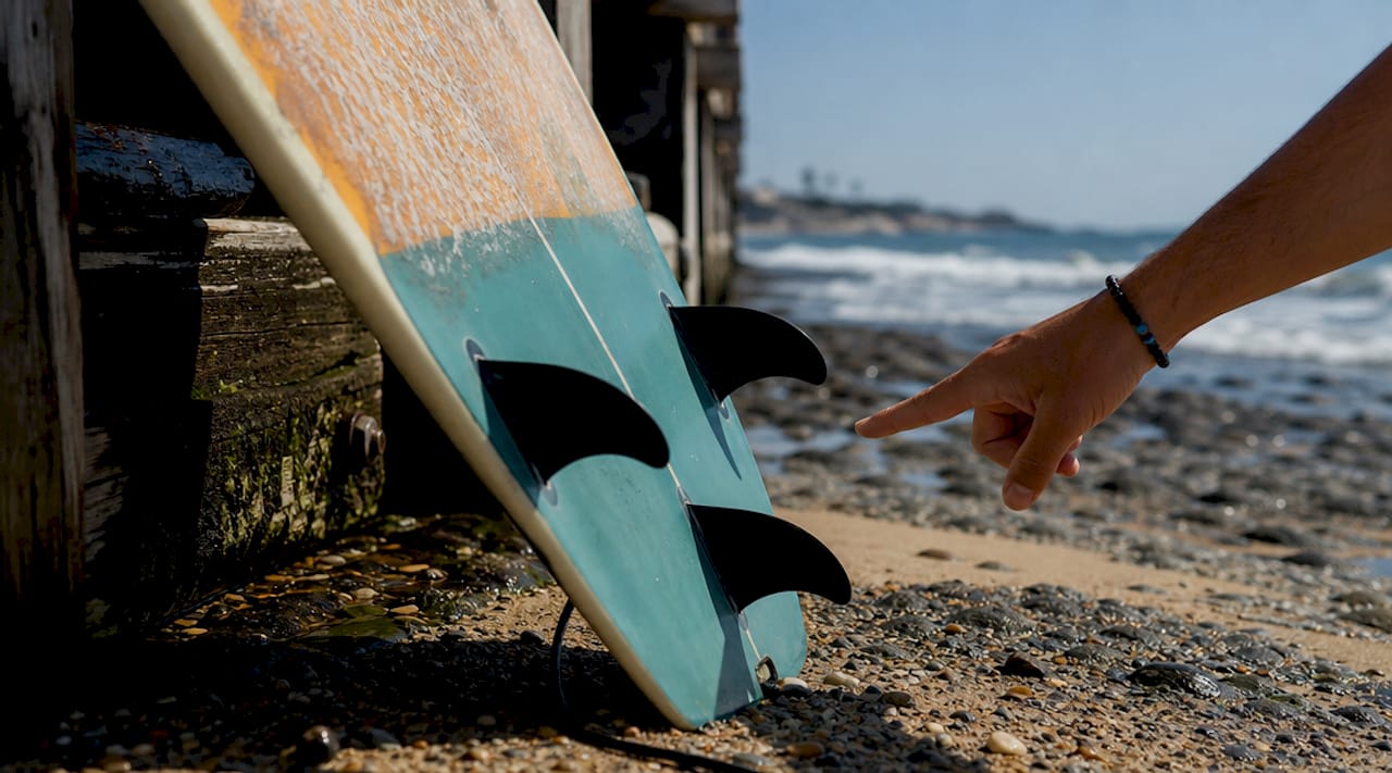 Close-up surfboard parts on beach with pointing hand