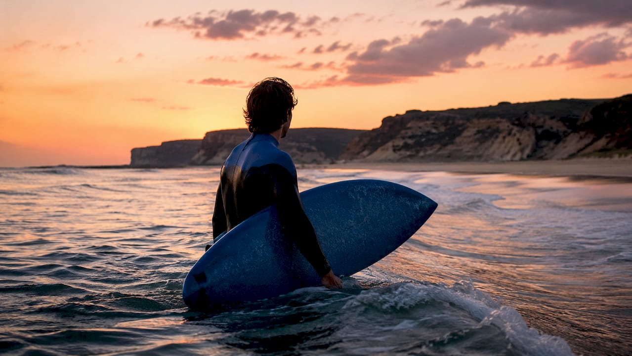 Surfer paddling on calm waves during sunrise