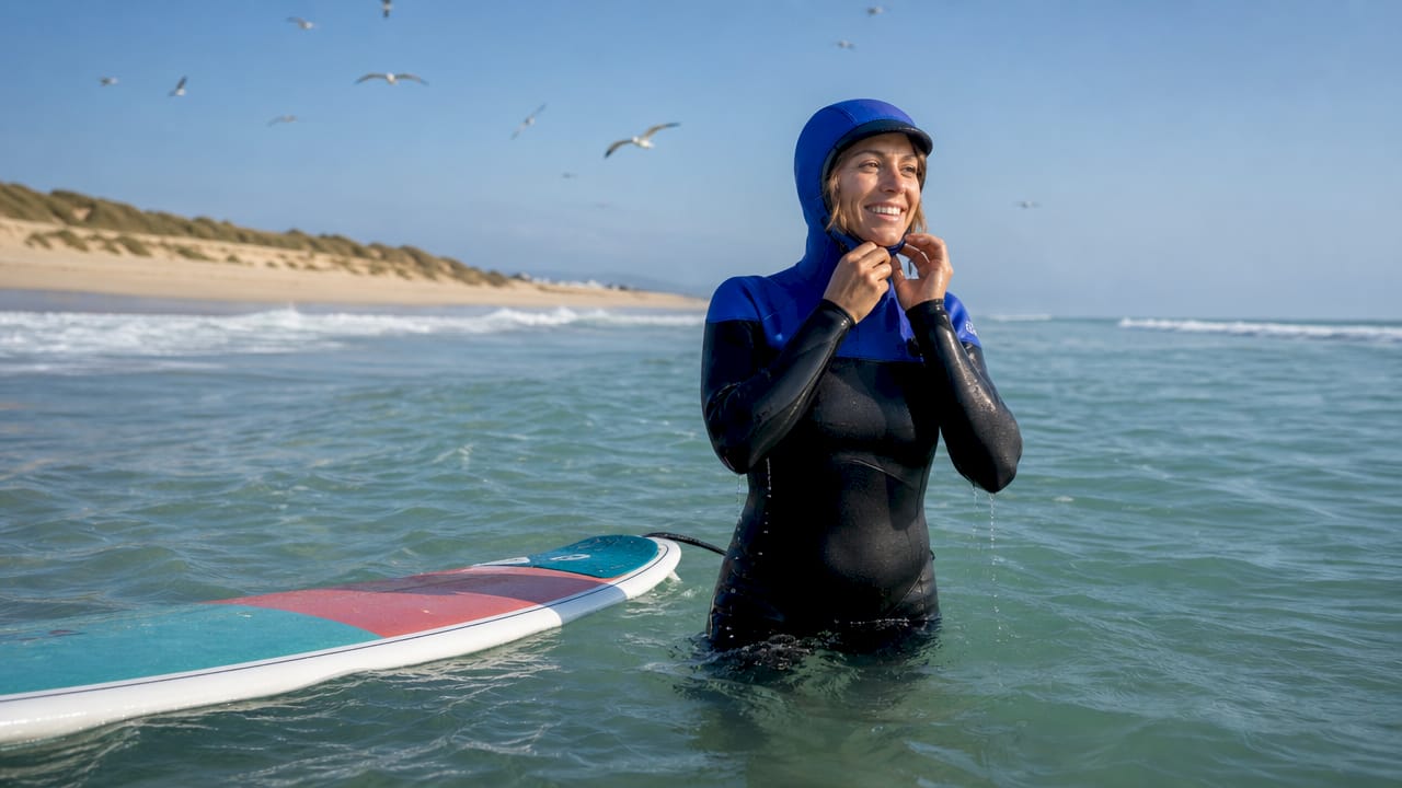 Surfer adjusting wetsuit in calm off-season surf
